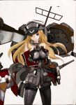 1girl anchor anchor_symbol bare_shoulders bismarck_(kantai_collection) black_legwear blonde_hair blue_eyes breasts brown_gloves cannon cigarette collarbone cowboy_shot crossed_arms detached_sleeves gloves hat highres iron_cross jewelry kantai_collection long_hair looking_at_viewer machinery mecha_musume military military_uniform peaked_cap ring scan smoking solo thigh-highs turret uniform windhide 