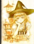  1girl blonde_hair boiling book bookshelf braid chemicals chemistry chemistry_set collared_shirt hand_on_own_cheek hat keiko_(mitakarawa) kirisame_marisa lamp looking_at_viewer open_book puffy_short_sleeves puffy_sleeves short_sleeves single_braid sitting sketch smile solo steam table touhou vial witch_hat yellow_eyes 