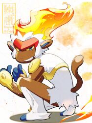  blue_eyes colored_sclera double_thumbs_up fiery_hair fire full_body highres infernape looking_at_viewer monkey pokemon pokemon_(creature) simple_background solo squatting takeuchi_(a3) thumbs_up white_background yellow_sclera 