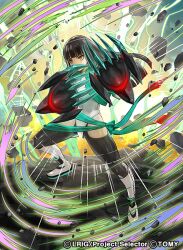  1girl black_hair black_thighhighs claw_(weapon) closed_mouth copyright_notice long_hair looking_at_viewer moreshan official_art shirt shoes solo thigh-highs weapon white_shirt white_shoes wixoss yellow_eyes yuzuki_(wixoss) 