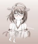  1girl blush bust detached_sleeves glasses gradient gradient_background grey_background headgear kantai_collection kirishima_(kantai_collection) looking_at_viewer monochrome nontraditional_miko short_hair sketch smile sogabe_toshinori solo spot_color twitter_username 
