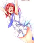  1girl armpits arms_up bare_shoulders closed_eyes cropped_jacket highres idol love_live!_school_idol_project miniskirt necktie nishikino_maki open_mouth pleated_skirt redhead short_hair skirt sleeveless sleeveless_shirt solo suspenders white_blouse white_clothes yu-ta 