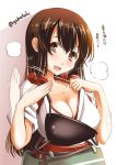  1girl akagi_(kantai_collection) blush breasts brown_eyes brown_hair bust cleavage fanning_face heavy_breathing hot japanese_clothes kantai_collection long_hair muneate open_mouth sogabe_toshinori solo sweat tasuki twitter_username 