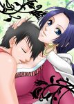  1boy 1girl amazon black_hair blue_eyes boa_hancock breast_pillow breasts cape chikaburo closed_eyes earrings hand_on_another&#039;s_head jewelry leaf long_hair monkey_d_luffy one_piece parted_lips purple_hair sleeping 