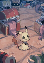  commentary crossover dark_souls_(series) dragon_quest drooling dungeon_meshi english_commentary glowing glowing_eyes highres mimic mimic_(dark_souls) mimic_(dragon_quest) mimic_(ragnarok_online) mimic_chest mimikyu monster multiple_crossover multiple_others no_humans parororo pokemon ragnarok_online saliva sharp_teeth sitting solo_focus species_connection teeth tongue treasure_chest wariza wavy_mouth wet 