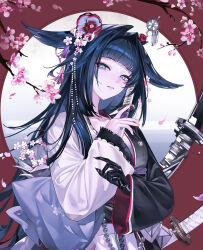  1girl 2080167236 absurdres arknights beads black_gloves black_hair black_kimono blue_eyes blunt_bangs cherry_blossoms chest_sarashi commentary falling_petals flower gloves hair_flower hair_intakes hair_ornament hair_stick hair_wings head_tilt highres holding holding_sword holding_weapon japanese_clothes kanzashi kimono long_hair long_sleeves looking_at_viewer mio_(arknights) obi obiage petals pink_flower round_window sarashi sash short_sword single_glove solo split-color_clothes sword two-tone_kimono upper_body very_long_hair wakizashi weapon white_kimono window 