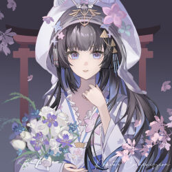  1girl black_hair blue_hair blunt_bangs bouquet commission flower frills gradient_background hair_ornament hand_up hashtag-only_commentary highres holding holding_bouquet japanese_clothes kanzashi kimono long_hair looking_at_viewer multicolored_hair official_alternate_costume parted_lips punishing:_gray_raven see-through_hood selena:_pianissimo_(threads_of_destiny)_(pgr) selena_(pgr) shiromuku smile solo torii two-tone_hair uchikake upper_body violet_eyes zhongyuanqing 