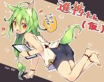  1girl ahoge animal_ears ass barefoot bike_shorts blush fox_ears fox_tail green_hair itsuwa_(lethal-kemomimi) long_hair looking_at_viewer open_mouth orange_eyes original slit_pupils solo tail translation_request very_long_hair 