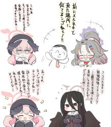  +++ 1boy 3girls :d ^_^ bangs_pinned_back bare_shoulders beret black_gloves black_hair black_hat black_shirt black_wings blue_archive blush_stickers brown_eyes chibi closed_eyes closed_mouth doodle_sensei_(blue_archive) fang feathered_wings flying_sweatdrops gloves grey_hair hair_ornament hairclip halo hands_up hasumi_(blue_archive) hat head_wings koharu_(blue_archive) long_hair long_sleeves low_twintails meru_(blue_archive) miranofuudoria multiple_girls necktie off_shoulder own_hands_together pink_hair pink_necktie puffy_long_sleeves puffy_sleeves red_sweater ribbed_sweater sailor_collar school_uniform sensei_(blue_archive) serafuku shirt simple_background sleeves_past_wrists smile sweater translation_request twintails very_long_hair white_background white_sailor_collar wings 