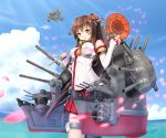  1girl airplane blue_sky brown_eyes brown_hair clouds cloudy_sky detached_sleeves gotou_hisashi headgear highres holding kantai_collection long_hair looking_at_viewer machinery petals pleated_skirt ponytail skirt sky smile solo turret umbrella wind yamato_(kantai_collection) 
