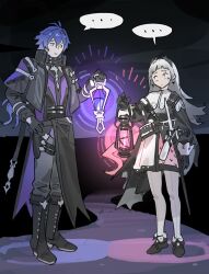  ... 1boy 1girl absurdres arknights black_boots black_gloves black_shoes blue_hair boots closed_mouth crossover ddal flins_(genshin_impact) genshin_impact gloves gradient_hair grey_hair hair_between_eyes hand_on_own_hip highres holding holding_lantern irene_(arknights) lantern long_hair long_sleeves multicolored_hair pants pantyhose rapier scar scar_across_eye scar_on_face shoes simple_background spoken_ellipsis standing sword trait_connection weapon 