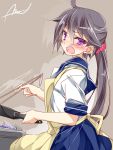  akebono_(kantai_collection) apron blush cooking kantai_collection mtu_(orewamuzituda) purple_hair school_uniform side_ponytail violet_eyes 