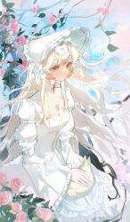  1girl absurdres blonde_hair bonnet closed_mouth day dress flower frilled_dress frilled_sleeves frills green_eyes highres leaf long_hair long_sleeves loobookk original outdoors pink_flower pink_rose rabbit rose sitting solo watermark white_bonnet white_dress wide_sleeves 