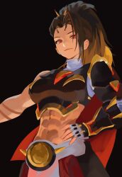  1girl abs absurdres arm_armor armor black_background breastplate breasts brown_eyes brown_hair closed_mouth hand_on_own_hip highres korean_commentary large_breasts long_hair looking_at_viewer navel nbee_ya overwatch shoulder_armor simple_background single_bare_shoulder stomach upper_body vendetta_(overwatch) 