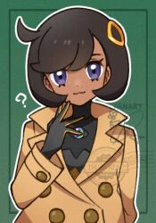  1girl ? black_bodysuit black_hair bodysuit brown_jacket closed_mouth emma_(pokemon) green_background hair_ornament jacket long_sleeves looking_at_viewer pokemon pokemon_legends:_z-a short_hair solo tsubamesu727 upper_body violet_eyes 