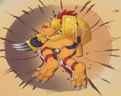  1boy armor claw_(weapon) claws colored_skin crater crotch_plate defeat digimon digimon_(creature) digimon_crest dragon emphasis_lines explosion helmet horns icewolfhan lying male_focus mechanical_wings meme no_humans on_floor on_ground on_side orange_scales orange_skin parody red_hair scene_reference short_hair solo spikes wargreymon weapon wings yamcha_pose_(meme) yellow_armor 
