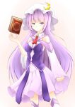  1girl adapted_costume alternate_costume blush book breasts crescent dress hat inyuppo long_hair patchouli_knowledge purple_hair solo thigh-highs touhou violet_eyes 