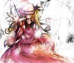  1girl alternate_hair_length alternate_hairstyle ascot blonde_hair bow dress fingernails flandre_scarlet grin hat hat_over_eyes long_hair outstretched_arm ribbon sketch smile solo touhou wings yuxyon 