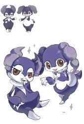  1boy 1girl :3 bairizuomeng blue_fur brown_eyes brown_sclera colored_sclera full_body furry furry_female furry_male goat_girl grey_horns highres horns indeedee indeedee_(female) indeedee_(male) looking_at_viewer pokemon pokemon_(creature) reference_inset simple_background standing two-tone_fur white_background white_fur 