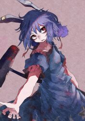  1girl absurdres animal_ears blood blood_on_weapon blue_dress blue_hair dress frills hair_between_eyes highres holding holding_weapon long_dress muraryo open_mouth rabbit_ears rabbit_girl red_eyes seiran_(touhou) short_hair short_sleeves standing touhou weapon 