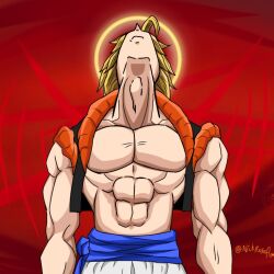  1boy black_jacket blonde_hair dragon_ball dragon_ball_z gogeta jacket looking_up nickroseflow red_background super_saiyan super_saiyan_1 