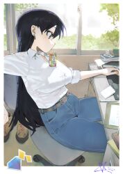  1girl arato_nagi belt belt_buckle blue_pants breasts brown_belt buckle chair collared_shirt drinking large_breasts long_hair mi8pq on_chair pants profile ruri_no_houseki shirt sitting solo table white_shirt window 