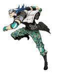  1boy 7th_dragon_2020 armband blue_hair boots camouflage camouflage_pants destroyer_(7th_dragon_2020) fingerless_gloves gloves goggles leg_up long_hair miwa_shirou pants ribbed_sweater solo sweater white_background 