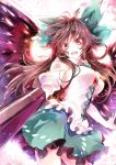  1girl arm_cannon backlighting bird_wings bow breasts brown_hair hair_bow kanaria_(fuusenkazura) large_breasts long_hair looking_at_viewer open_mouth puffy_short_sleeves puffy_sleeves red_eyes reiuji_utsuho shirt short_sleeves skirt smile solo third_eye touhou weapon wings 
