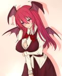  1girl bat_wings bow breasts cleavage coco_(r5m) dress_shirt head_wings highres koakuma large_breasts long_hair long_sleeves red_eyes redhead shirt simple_background skirt solo touhou vest wings 