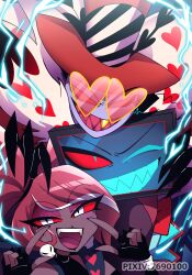  1girl 2boys :d ;d absurdres bare_shoulders black_gloves black_hat black_shirt blue_eyes blue_teeth blush bow bowtie colored_sclera colored_skin colored_teeth commentary_request dark-skinned_female dark_skin earrings electricity eyeshadow fangs fewer_digits fingerless_gloves fingers_to_cheeks flower fur-trimmed_robe fur_trim gloves gold_teeth hand_on_another's_head hands_up hat hat_flower hazbin_hotel head_on_head head_rest heart heart-shaped_eyewear heart_print hellaverse highres index_fingers_raised jewelry long_hair looking_at_viewer makeup menattou multicolored_hair multiple_boys object_head one_eye_closed open_mouth pink_eyeshadow pixiv_id purple_skin raised_eyebrows red-tinted_eyewear red_bow red_bowtie red_hair red_hat red_robe red_sclera red_teeth robe sharp_teeth shirt skull_earrings sleeveless sleeveless_shirt sleeveless_turtleneck slit_pupils smile streaked_hair sunglasses teeth television tinted_eyewear tongue top_hat tsurime turtleneck turtleneck_shirt twintails two-tone_hair upper_teeth_only v-shaped_eyebrows valentino_(hazbin_hotel) velvette_(hazbin_hotel) very_dark_skin vox_(hazbin_hotel) white_eyes white_hair yellow-framed_eyewear 