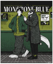  2boys animal_ears aoi_(monotone_blue) black_pants black_shoes cat_boy cat_ears cat_tail coat copyright_name english_commentary english_text furry furry_male green_jacket green_sweater grey_coat grey_pants hachi_(monotone_blue) highres jacket lizard_tail looking_at_another male_focus monotone_blue_(nagabe) multiple_boys nagabe pants reptile_boy shoes signature sweater tail tail_cover whiskers white_shoes 