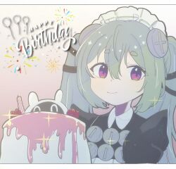  1girl apron bangboo_(zenless_zone_zero) birthday_cake black_dress cake closed_mouth commentary_request corin_wickes dress food green_hair hair_between_eyes happy_birthday kurone_sc long_hair looking_at_viewer maid maid_apron maid_headdress pink_background screw_hair_ornament short_eyebrows smile solo thick_eyebrows twintails upper_body violet_eyes white_apron zenless_zone_zero 