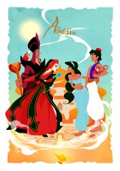  2boys aladdin_(movie) animification arabian_clothes black_hair disneyland dress farja feather_necklace gloves hi highres iago_(aladdin) jewelry lipstick longab_hair makeup multiple_boys necklace red_gloves smile tsuntsun_(tuuuuuuntun) twisted_wonderland 