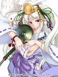  1girl bird breasts detached_sleeves eyebrows gochou_(kedama) hair_ornament headdress highres hisho_collection japanese_clothes jewelry long_hair looking_at_viewer magatama miko necklace official_art pointy_ears red_eyes sideboob silver_hair solo sword weapon white_background 
