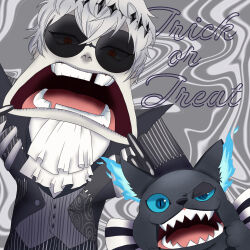  2boys cat grim_(twisted_wonderland) highres jack_skellington jacket long_sleeves looking_at_viewer male_focus multiple_boys pinstripe_pattern pinstripe_suit runa00dtwl short_hair skully striped_clothes suit the_nightmare_before_christmas twisted_wonderland 
