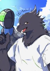  1boy absurdres ao_gravity beak bird_boy bird_wings blue_sky claws clouds commentary_request falling_leaves feathered_wings furry furry_male hat highres holding holding_unworn_clothes holding_unworn_hat jirou_(tonari_no_youkai-san) leaf looking_at_viewer male_focus open_mouth shirt sky tengu tonari_no_youkai-san translation_request unworn_hat unworn_headwear upper_body white_shirt wings 