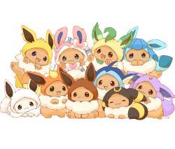  :3 absurdres alternate_color animal_focus animal_hood blue_eyes blush brown_eyes brown_fur closed_eyes closed_mouth cosplay eevee espeon espeon_(cosplay) flareon flareon_(cosplay) glaceon glaceon_(cosplay) highres hood hood_up jolteon jolteon_(cosplay) leafeon leafeon_(cosplay) mimix no_humans open_mouth pokemon pokemon_(creature) pokemon_focus shiny_pokemon simple_background smile sylveon sylveon_(cosplay) tail umbreon umbreon_(cosplay) vaporeon vaporeon_(cosplay) violet_eyes white_background 