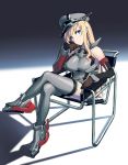  1girl bismarck_(kantai_collection) blew_andwhite blonde_hair blue_eyes blush breasts chin_rest crossed_legs detached_sleeves grey_legwear hat highres kantai_collection long_hair looking_at_viewer peaked_cap shadow sitting smile solo thigh-highs 