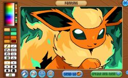  animal_focus animal_hands animal_jam_(medium) art_program_in_frame border brown_border eelgobbler fire flareon fluffy green_background green_eyes green_fire highres looking_at_viewer neck_fur no_humans orange_fur pokemon pokemon_(creature) pokemon_focus simple_background solo upper_body yellow_fur 