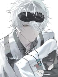  1boy artist_name black_gloves dog_tags eye_mask fingerless_gloves gloves hair_over_one_eye hashtag-only_commentary highres holding holding_pillow jacket looking_at_viewer male_focus mask mask_on_head mewutd mole mole_under_mouth pillow punishing:_gray_raven short_hair sleep_mask solo wanshi:_hypnos_(pgr) wanshi_(pgr) white_hair white_jacket yellow_eyes 