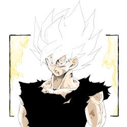  1boy 1rasutotoukou absurdres aura battle_damage dragon_ball dragon_ball_z highres limited_palette male_focus medium_hair muscular muscular_male red_eyes shirt simple_background solo son_goku spiky_hair super_saiyan super_saiyan_1 torn_clothes torn_shirt upper_body white_background 