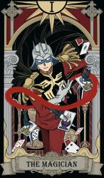  1boy ace_(playing_card) ace_of_spades black_cape blonde_hair bowing cape card card_(medium) char_aznable commentary_request dagger epaulettes facing_viewer floating_card garma_zabi gihren_zabi gloves grin gundam helmet highres jacket knife kycilia_zabi male_focus mask mikazuki121410 military_jacket military_uniform mobile_suit_gundam pants pillar playing_card red_jacket red_pants smile solo spade_(shape) standing tarot tarot_(medium) weapon white_gloves zeon 
