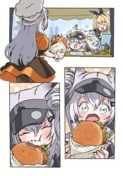  3girls animal_ears aoi_kili bandaged_head bandages blonde_hair blue_eyes blush burger cat_ears chef_hat croquette double_bun eating fast_food food food_wrapper goddess_of_victory:_nikke grey_hair gyaru hair_between_eyes hair_bun hair_ornament hat highres holding holding_food jacket kogal lettuce long_hair modernia_(nikke) multiple_girls n102_(nikke) onee_gyaru open_mouth rupee_(nikke) selfie_stick smile twintails 