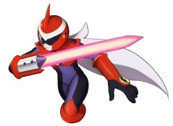  1boy arm_blade armor assault_visor black_bodysuit bodysuit cowboy_shot energy_sword grey_hair helmet highres long_hair male_focus mega_man_(series) mega_man_battle_network_(series) netnavi noro_zt protoman.exe red_armor red_helmet solo sword weapon 