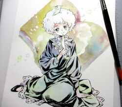  1girl afro agahari animal_on_head art_brush art_tools_in_frame bird bird_on_head black_pajamas black_shoes book closed_mouth commentary_request full_body green_eyes head_tilt holding holding_quill on_head open_book original paintbrush painting_(medium) pajamas photo_(medium) quill shoes short_hair sitting smile solo traditional_media white_hair yokozuwari 