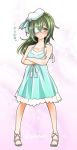  1girl alternate_costume alternate_hairstyle beret blush crossed_arms eyepatch green_eyes green_hair hat kantai_collection kiso_(kantai_collection) long_hair nightgown sandals sogabe_toshinori solo sweatdrop translation_request twitter_username 