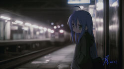  1girl ahoge blue_hair blurry blurry_background ceiling_light fluorescent_lamp from_side gnlop green_eyes grey_hoodie highres hood hood_down hoodie izumi_konata long_sleeves looking_at_viewer lucky_star mole mole_under_eye railroad_tracks solo subway subway_station tiles train_station train_station_platform tunnel underground 