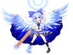  1girl :d \m/ adapted_costume arm_cannon blue_eyes blue_hair bow cape cirno fang hair_bow highres ice ice_wings mismatched_footwear mofu_mofu open_mouth parody pose reiuji_utsuho reiuji_utsuho_(cosplay) short_hair skirt smile third_eye touhou weapon wings 