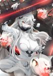  1girl breasts cleavage dress endouvocalotyu highres horns kantai_collection large_breasts long_hair midway_hime pale_skin red_eyes shinkaisei-kan solo veins very_long_hair white_dress white_hair white_skin 