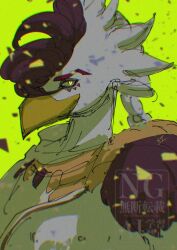  1boy beak bird_boy brown_hair closed_mouth commentary_request furry furry_male green_background highres hyrule_warriors:_age_of_imprisonment looking_at_viewer male_focus profile raphica_(zelda) smile stktik09060906 the_legend_of_zelda the_legend_of_zelda:_tears_of_the_kingdom upper_body 